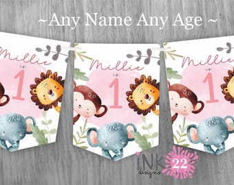 Personalised Birthday Banner, Bunting Flags 1st 2nd 3rd Birthday Decorations Animal Safari girls personalized