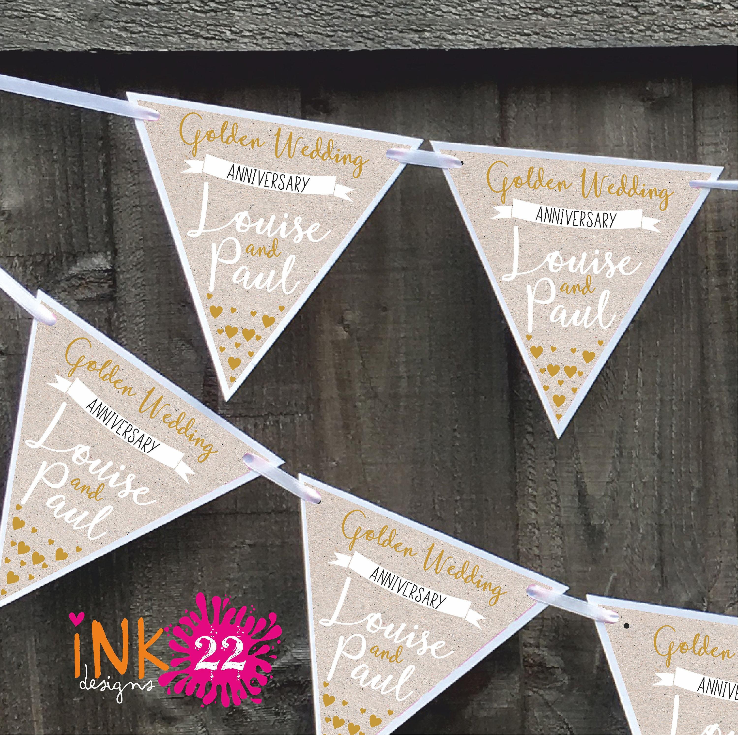 Personalised party decoration banner bunting garland Golden 50th wedding anniversary