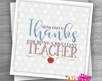 Personalised Thank you Teacher Card, For Teaching assistant, Head Teacher, Nursery Teacher Typography personalized
