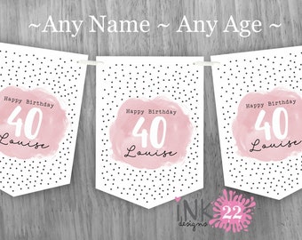 Personalised Birthday party decoration banner bunting garland Milestone 18th, 21st, 30th, 40th, 50th, 60th Pink Blue Gold Purple