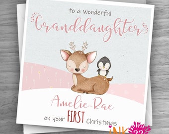 Personalised Baby's first christmas card, Reindeer & Penguin, Granddaughter, Daughter, Sister, Niece, Son, Grandson, Brother,  Nephew