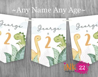 Personalised Kids Birthday Party Banner, Bunting Flags 1st 2nd 3rd 4th 5th 6th 7th 8th Birthday Dinosaur boys personalized