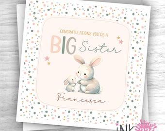 Personalised New Baby Card New Big Brother Big Sister Card Bunny Rabbit cute design pink bluepersonalized