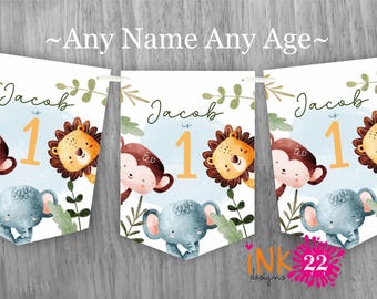 Personalised Birthday Party Banner, Bunting Flags 1st 2nd 3rd 4th 5th 6th 7th 8th Birthday Decorations Animal Safari Boyspersonalized