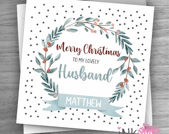 Personalised Christmas card, Bear Couple, To Husband, Boyfriend, Partner, Fiancé. Pretty Wreath design.