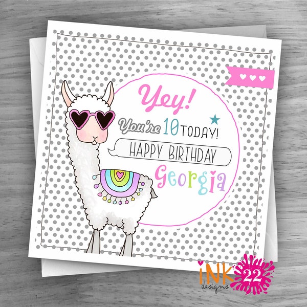 Personalised Birthday Card, Rainbow Llama, Fun Girl Card, Any Name and Age 8th, 9th, 10th, 11th