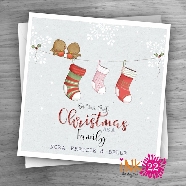 Personalised Christmas card New baby, 1st Christmas as a family Mummy Daddy and baby cute Robin with Stocking