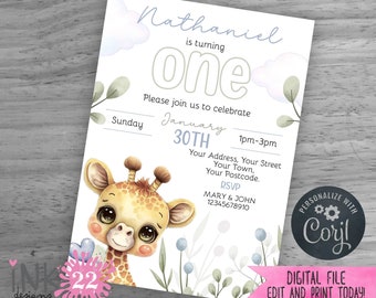 Editable Digital First Birthday Invitation - Blue Baby Giraffe - DIY Printable - 1st birthday party invite