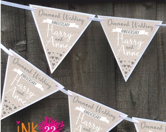 Personalised party decoration banner bunting garland Diamond 60th wedding anniversary