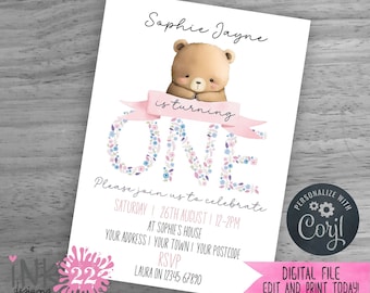 Editable Digital First Birthday Invitation - Girls Baby Bear Floral - DIY Printable - 1st birthday party invite