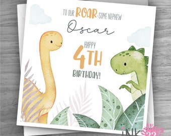 Personalised Dinosaur Birthday card, 4th 5th 6th 7th 8th Boys cute handmade, Son, Grandson, Nephew personalized
