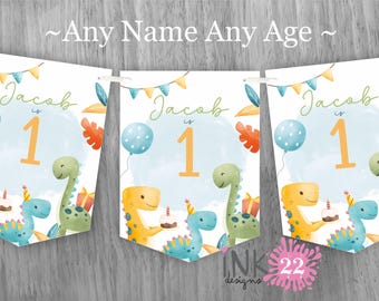 Personalised Kids Birthday Party Banner, Bunting Flags 1st 2nd 3rd 4th 5th 6th 7th 8th Birthday Dinosaur boys personalized