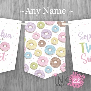 Personalised Birthday Party Banner, Bunting Flags 'Two sweet' age 2 2nd birthday donuts