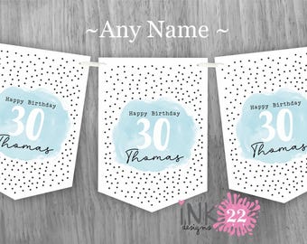 Personalised Birthday party decoration banner bunting garland Milestone 18th, 21st, 30th, 40th, 50th, 60th Blue Purple Pink Gold