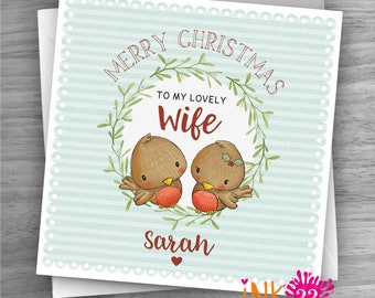 Personalised Christmas card, Robin Couple, To Wife, Girlfriend, Partner, Fiancée