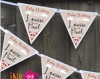 Personalised party decoration banner bunting garland Ruby 40th wedding anniversary personalized