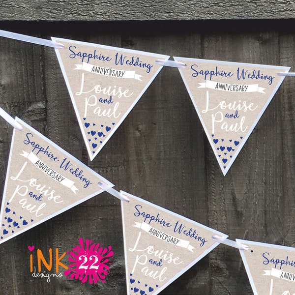 Personalised party decoration banner bunting garland Sapphire 45th wedding anniversary