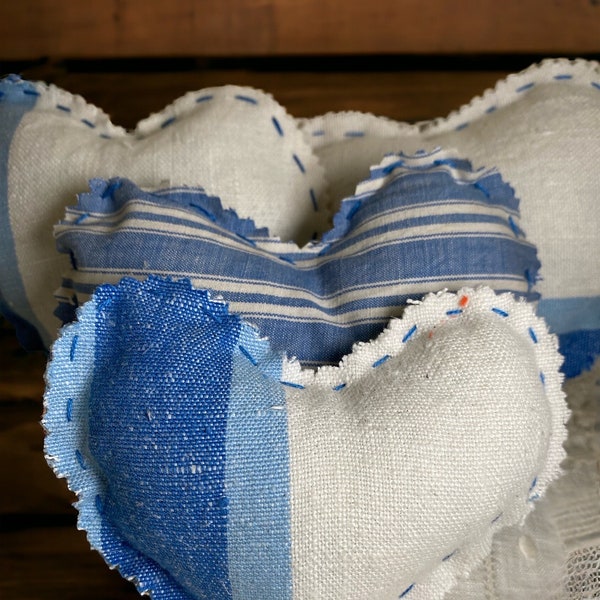 4 Farmhouse flour sack antique hearts, bowl filler tabletop decor, tier tray rustic home, mini pillow basket display, shabby cottage gift