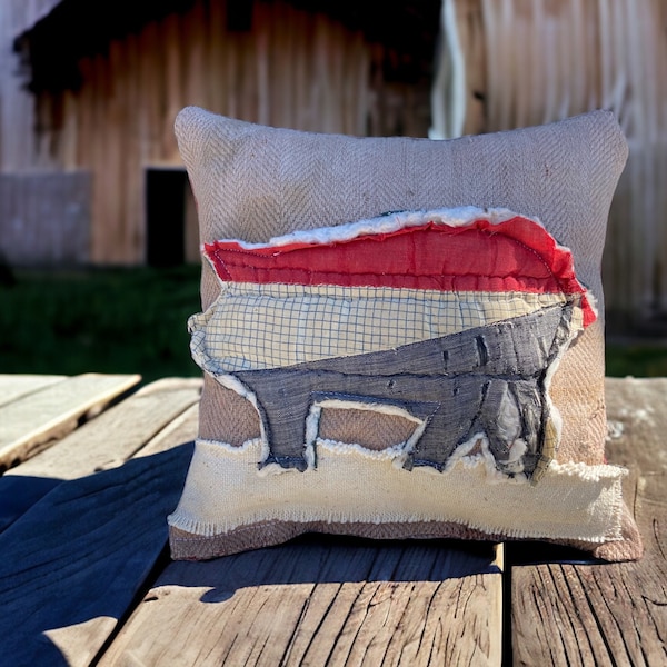 10” prim antique grain sack & quilt pig sofa pillow, farmhouse rustic throw cushion, RARE quilt german grainsack distressed patched pillow