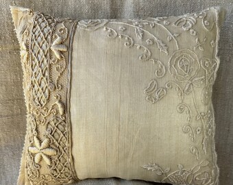 11” antique European textile & lace pillow, RARE rustic farmhouse toss sofa cushion, shabby romantic cottage baroque home decor, gift her