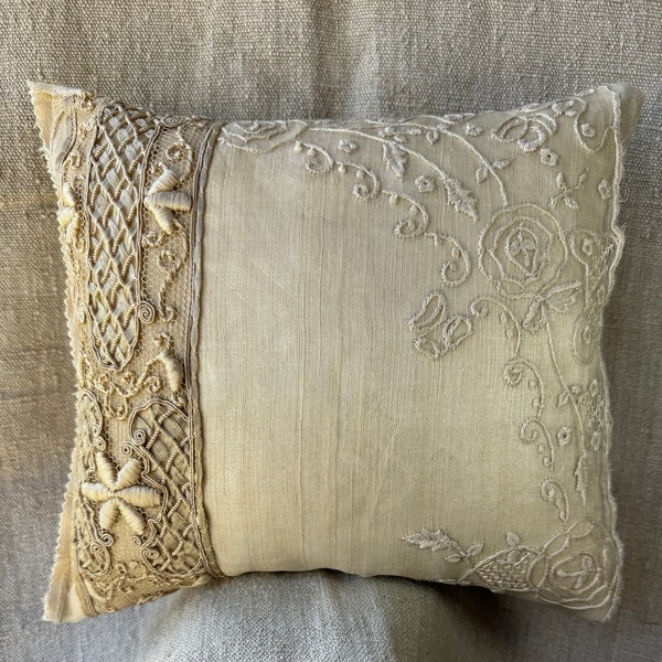 11” antique European textile & lace pillow, RARE rustic farmhouse toss sofa cushion, shabby romantic cottage baroque home decor, gift her