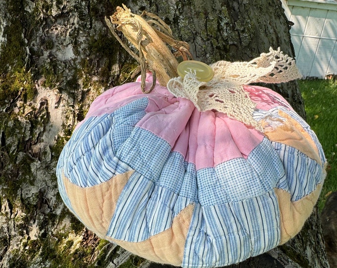 Featured listing image: Pumpkin -  vintage antique shabby quilt, real pumpkin stem,   farmhouse Halloween fall centerpiece decor, cottage style pastel pumpkin, 11”