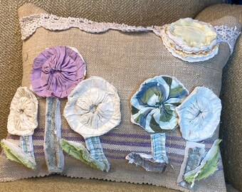 Antique Grain Sack Pillow: Appliqued Quilt Flowers, Farmhouse Decor