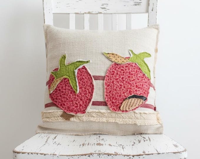 Featured listing image: AUTHENTIC Strawberry Pillow, 19th Century Grain Sack/quilt/lace, Rustic Farmhouse Cottage Home Decor, handmade uniquely by me, 16”