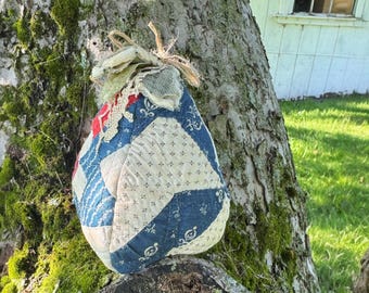 Vintage Quilt Pear Decor: 8&quot; Farmhouse Bowl Filler with Lace Leaf