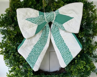 Bow - Vintage Quilt Bow, Farmhouse Cottage Style Door Wreath Decor, Charming Green Colors! Handmade Fabric Quilted Bow