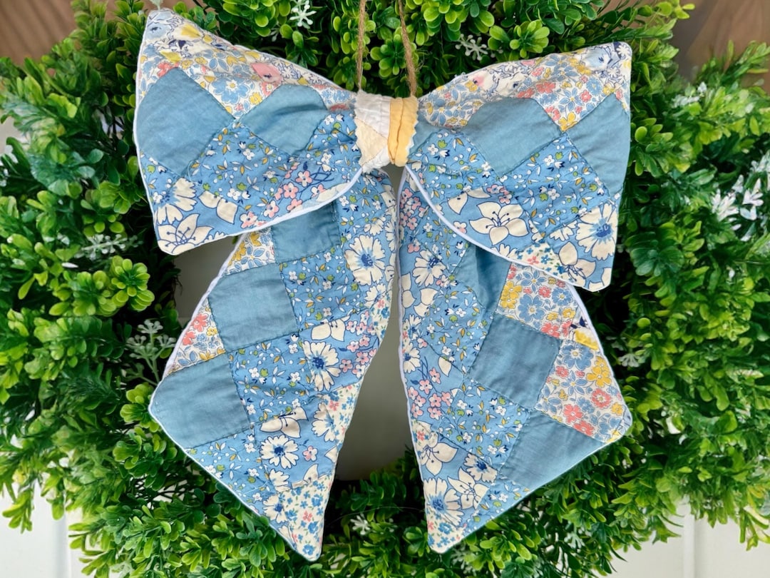 Bow Patchwork Pattern Bow - Vintage Quilt Farmhouse Cottage Style Door Wreath Decor, Charming ...