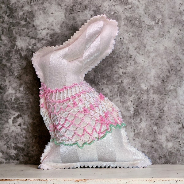 Crochet lace bunny pillow antique table basket bowl filler, OOAK pink romantic cottage rabbit tier tray display, cupboard tuck unique gift
