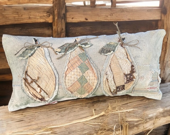 Featured listing image: Pear pillow - antique grain sack & quilt, farmhouse rustic pillow decor, pear lumbar toss cushion, tattered distressed mended patches, 23”