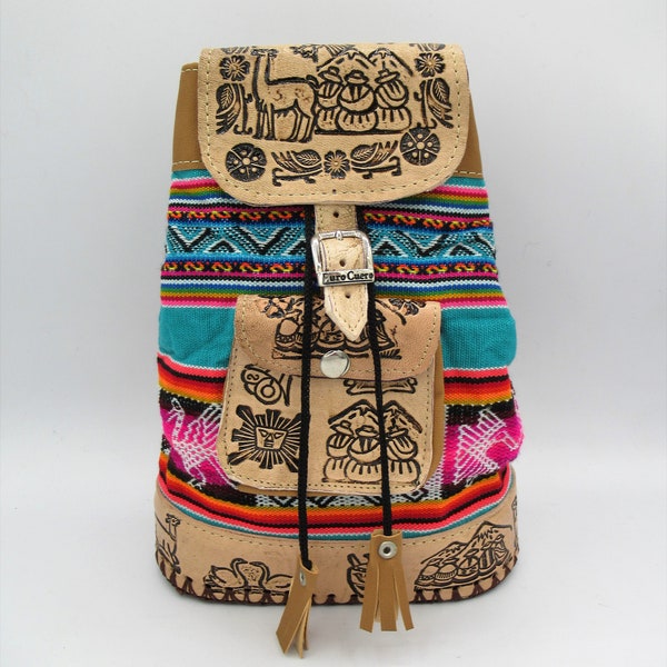 Backpack with leather for kids/Andean handmade Aguayo Backpack/Mochila Peruana