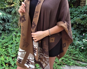 Braune peruanische Ruana/Frauen gestrickte Wolle Ruana Reversible/Cape ärmellos peruanische Ruana