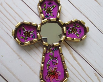Hand crafted 6" Cross Decorative Mirror/Bronze Leaf Peruvian Art/Peruvian Mirrors/Accent Vintage Mirror