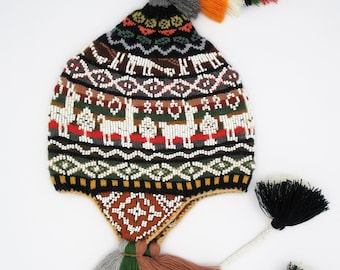 Peruvian Q'ero Chullo Beaded Ceremony Hat (Adult Size). Unisex Earflaps Chullo Pom Pom hand knitted.
