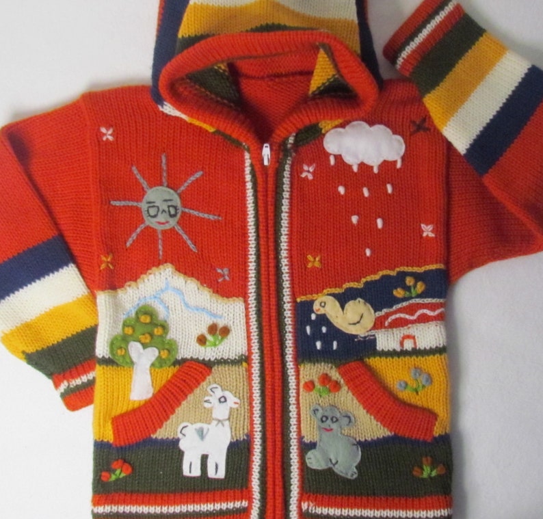 Arpillera for childrenPeruvian sweater Wool Jacket for kids Cardigan with embroidered details Hooded Jacket Girl Boy sweater