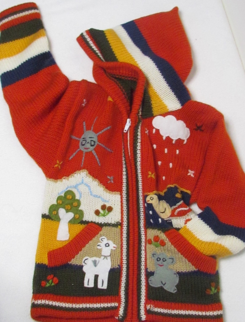 Arpillera for childrenPeruvian sweater Wool Jacket for kids Cardigan with embroidered details Hooded Jacket Girl Boy sweater
