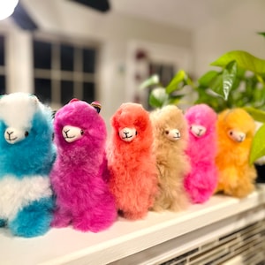 May include: A row of seven colorful alpaca plushies, each with a different color of fur, including blue, pink, orange, beige, and yellow. The plushies are lined up on a white surface.