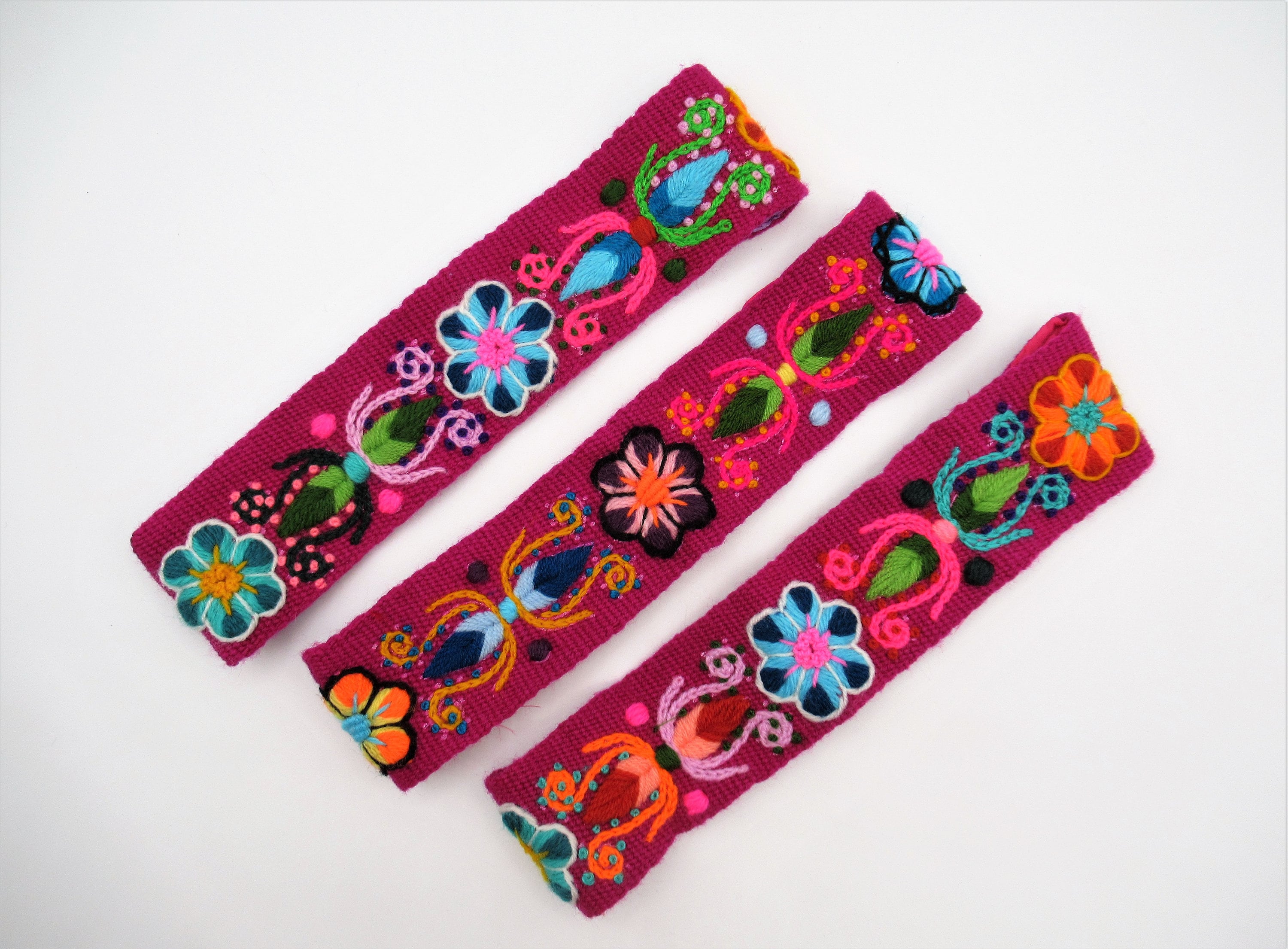 Multicolored Flower Wool Fabric Headband Belt Set Ayacucho Peruvian Handmade Embroidered Wool Belt with Floral Pattern  main image 2