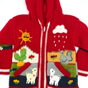 Children&#39;s cardigan. Peruvian Kids hooded wool sweater. Sweater 4 years old children. Cardigan with embroidered details.