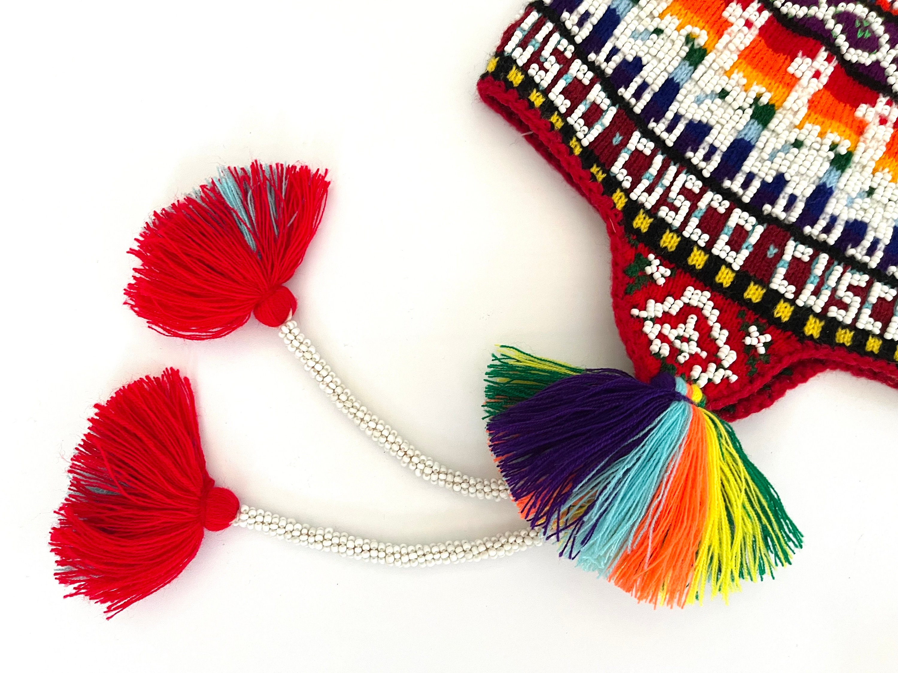 Cusco MachuPicchu beanie hat tassel handmade indigenous Chullo Q’ero pompons Genuine peruvian hat | Peruvian Chullo with beads Pom Pom  main image 4