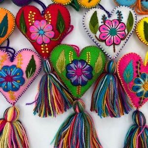 Heart Christmas Ornament, Embroidered Wool Handmade Peru.