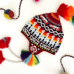 Peruvian Q&#39;ero Chullo Beaded Ceremony Hat (Adult Size). Unisex Earflaps Chullo Pom Pom hand knitted.