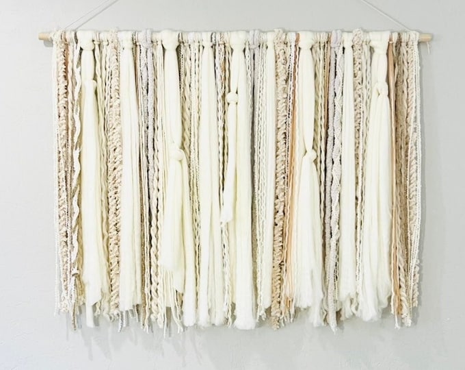 Large Neutral Macrame Wall Hanging  48” width Warm Ivory, lt Peach, Beige, lt Grey, White