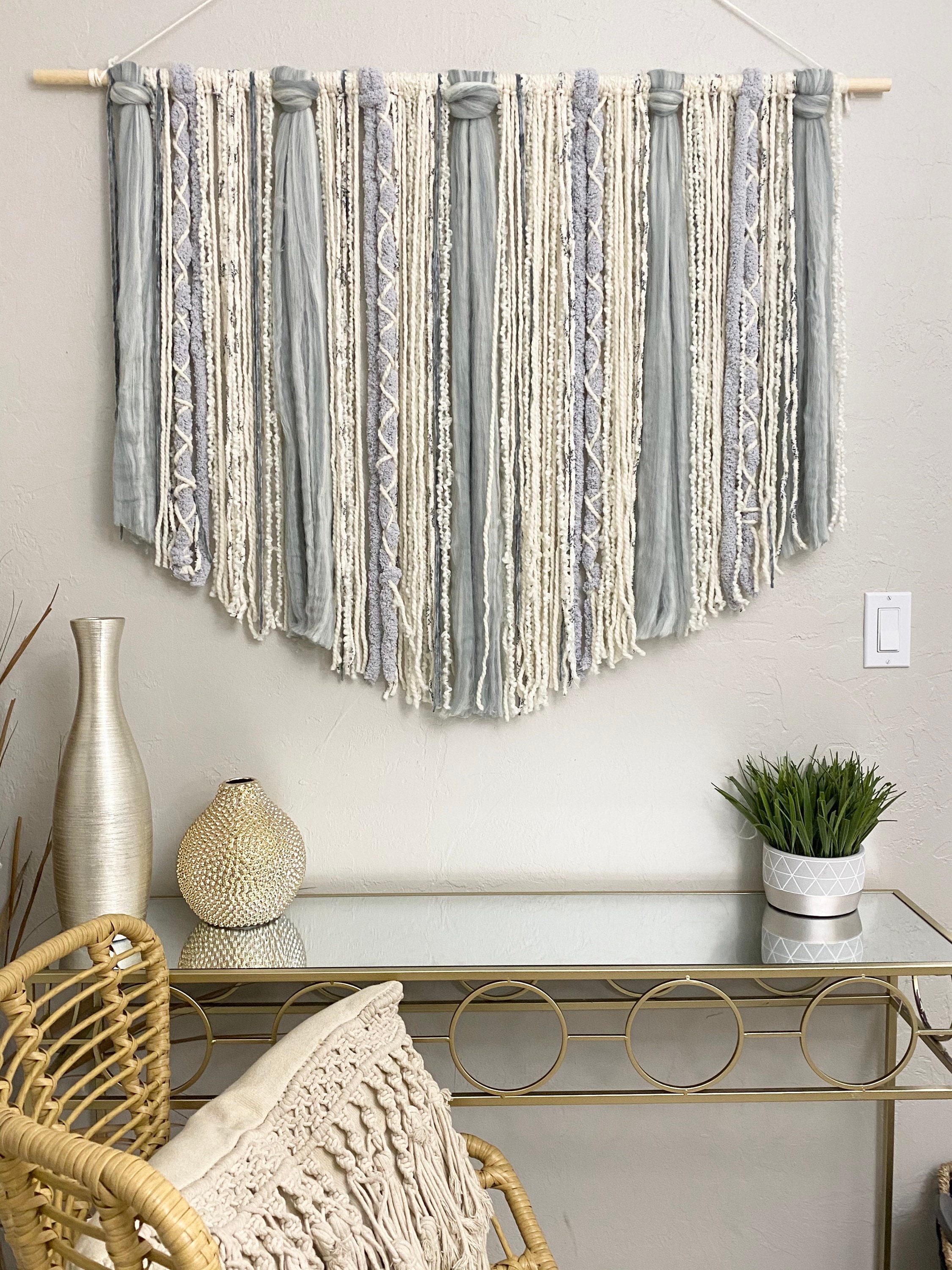 Macrame Wall Hanging Bohemian Decor Boho Chic Grey Blue Ivory Home Decor