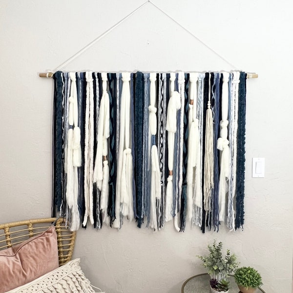 Wall Hanging, Tapestry, Macrame, Yarn Tapestry, Navy Blue Ivory