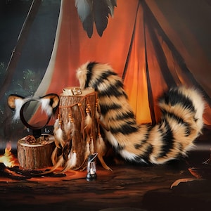 May include: A faux fur tail with black and tan stripes, a headband with matching ears, and a decorative wooden log with feathers and beads. A small lantern sits nearby. The items are arranged in a camping-themed setting.