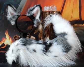 Handmade Border Collie Ears and Tail, Blue Merle Faux Fur, Dog Cosplay Set, Cute Pet Costume, Festival Headband, Matching Rave Ears